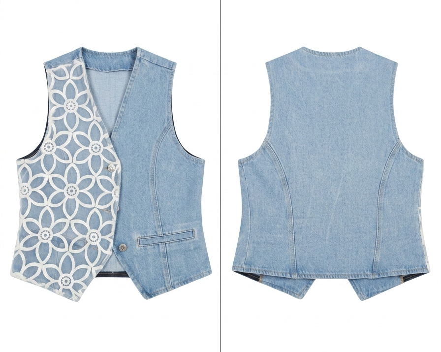 Gilet bimatière broderie anglaise & denim