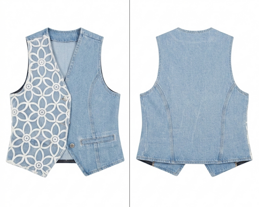 Gilet bimatière broderie anglaise & denim