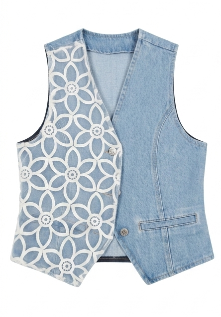 Gilet bimatière broderie anglaise & denim